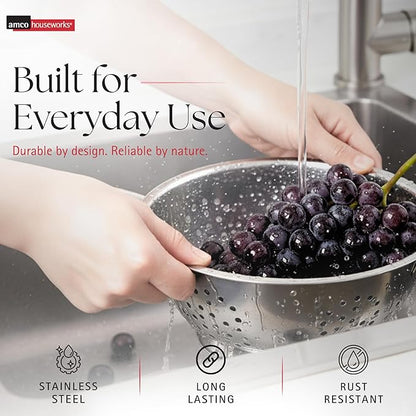 Amco 3-Piece Stainless Steel Colander Set - Multiple Sizes - 1.5, 3, 5 Quart - Durable, Professional Grade Design with Handles for Easy Transfer - Ideal Kitchen Strainer for Cooking & Washing