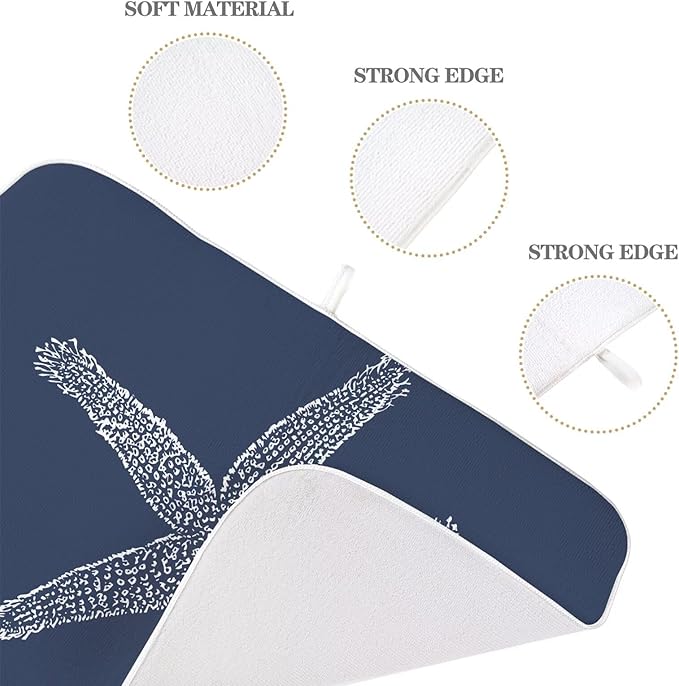 Coastal Beach Dish Drying Mat 18 x 24 inch, Summer Navy Blue Starfish Decorative Drying Mats Microfiber Absorbent Dish Washable Draining Mat for Kitchen Counter Decor