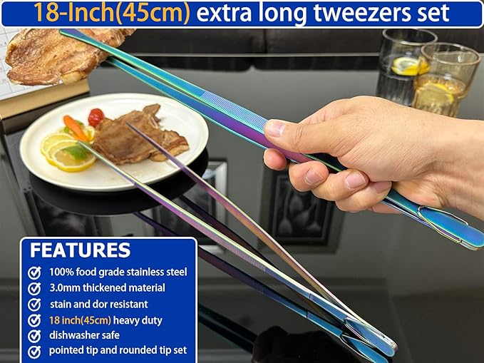 JETKONG 2 Pcs 18 Inch (45cm) Stainless Steel Grill Tongs Heavy Duty Giant Tweezer Tongs, Extra Large Tweezers Tools for Cooking, Grilling, BBQ and Turning Food (Rainbow) - Image 3