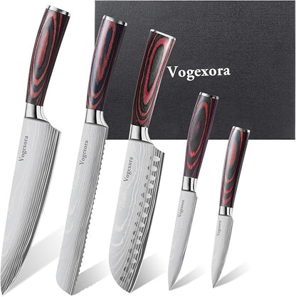 5 Pcs Chefs Kitchen Sharp Knife Set - Japanese Professional Cooking Cutting Knives for Meat Vegetable Bread and Paring, High Carbon Stainless Steel Santoku