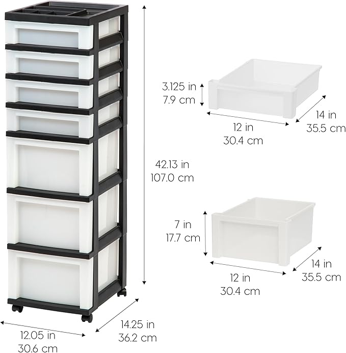 IRIS USA Plastic Drawer Storage Organizer Rolling Cart, with Wheels Casters, 7-Drawers, for Classroom Art Craft Supplies Dresser Closet Bathroom Laundry Room, Black/Pearl - Image 3