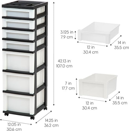 IRIS USA Plastic Drawer Storage Organizer Rolling Cart, with Wheels Casters, 7-Drawers, for Classroom Art Craft Supplies Dresser Closet Bathroom Laundry Room, Black/Pearl - Image 3