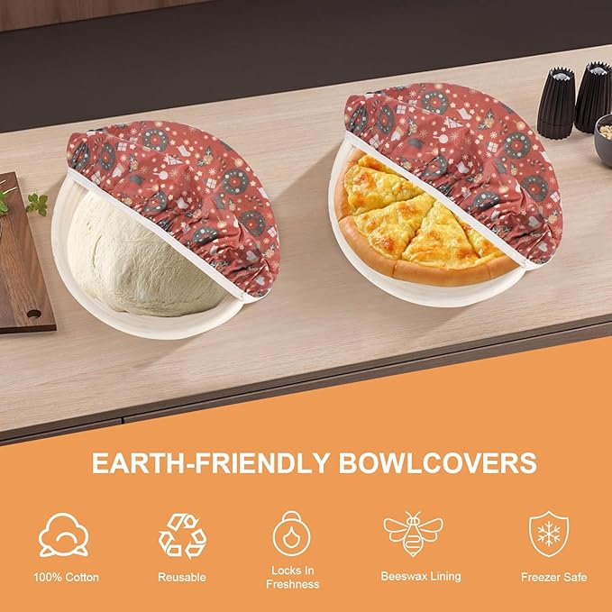 Reusable Bowl Covers for Bread Proofing（2 Large）- Cotton Beeswax Bowl Covers Reusable with Elastic Rim, Sourdough Bowl Cover for Food Storage and Food Preservation (10INCH)(Christmas style)