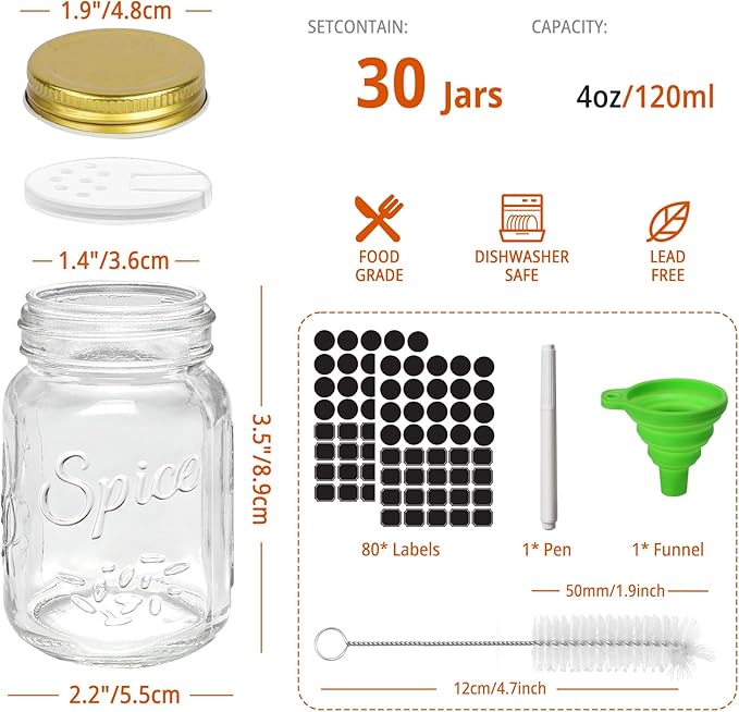 CycleMore 30 Pack 4oz Glass Mason Spice Jars, Round Spice Containers with Gold Metal Caps and Pour/Sift Shaker Lids-80pcs Labels,1pcs Silicone Collapsible Funnel,1Brush and Pen Included - Image 2