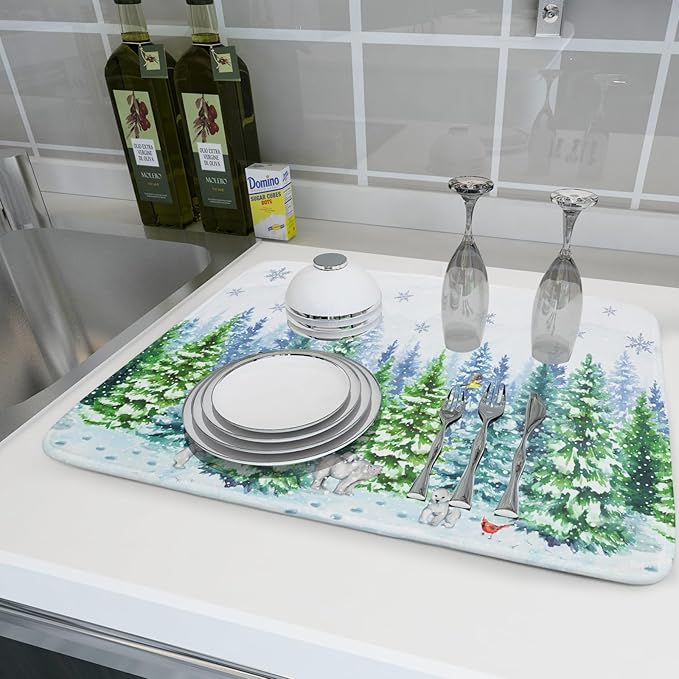 Winter Bear Bird Dish Drying Mat - Welcome Christmas Snowflake Drying Pad for Counter Forest Wildlife Dish Drainer Mat Cabin Animal Kitchen Accessories 18 x 24 Inch - Image 6