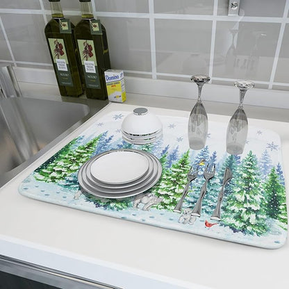 Winter Bear Bird Dish Drying Mat - Welcome Christmas Snowflake Drying Pad for Counter Forest Wildlife Dish Drainer Mat Cabin Animal Kitchen Accessories 18 x 24 Inch - Image 6