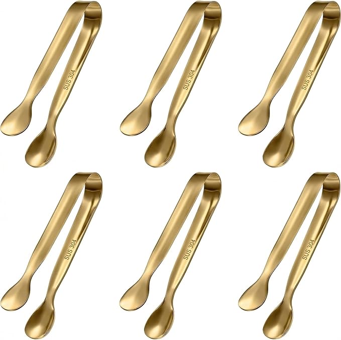 6 PCS Gold Mini Serving Tongs, 4.25 Inch 304 Stainless Steel Appetizer Tongs for Charcuterie Board Accessories, Tea Party, Coffee Bar, Desserts & Buffet, Dishwasher Safe