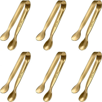 6 PCS Gold Mini Serving Tongs, 4.25 Inch 304 Stainless Steel Appetizer Tongs for Charcuterie Board Accessories, Tea Party, Coffee Bar, Desserts & Buffet, Dishwasher Safe