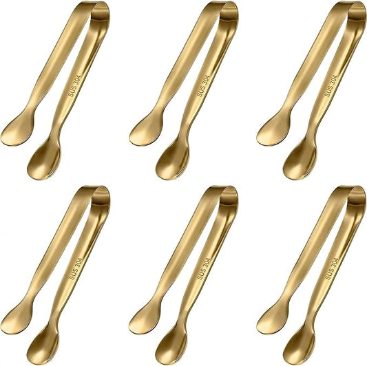 6 PCS Gold Mini Serving Tongs, 4.25 Inch 304 Stainless Steel Appetizer Tongs for Charcuterie Board Accessories, Tea Party, Coffee Bar, Desserts & Buffet, Dishwasher Safe