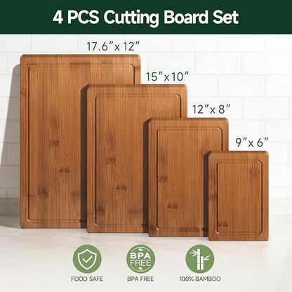 4-Piece Set Bamboo Cutting Board for Kitchen - Crack-Resistant Wood Chopping Boards with Deep Juice Grooves, Pre-Oiled Butcher Block for Meat, Vegetables & Cheese, Carbonized - Image 2