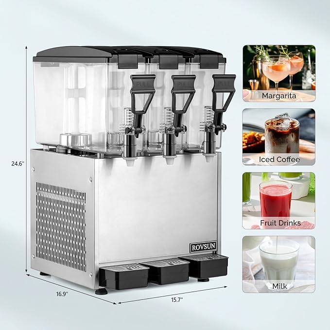 ROVSUN Commercial Beverage Dispenser 7.8 Gal/30L, Commercial Juice Dispenser Cold Drink Dispenser 10L X 3 Tanks Stainless Steel with Thermostat Controller for Home Restaurant Bar Party 110V/60HZ - Image 7