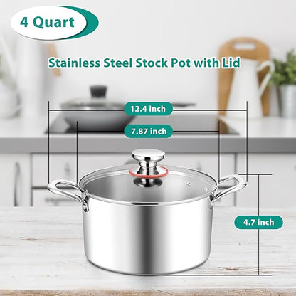 E-far 4 Quart Stock Pot, Tri-Ply Stainless Steel Cooking Pot with Glass Lid and Riveted Handles, Metal Pasta Soup Pot for Induction Ceramic Electric Gas Stoves, Heavy Duty & Dishwasher Safe