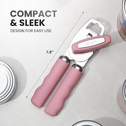 Zulay Kitchen Heavy Duty Stainless Steel Can Opener Manual with Bottle Opener - Rust Proof Manual Can Opener With Turn Knob & Comfy Soft Grip Handles - Pink - Image 2