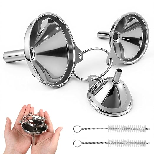 Stainless Steel Funnel, Large Medium Small Kitchen Funnel Set of 3 Metal Funnels Small-Funnels for Filling Small Bottles Funnels with 2 Brushes for Transferring Essential Oils, Liquid, Fluid