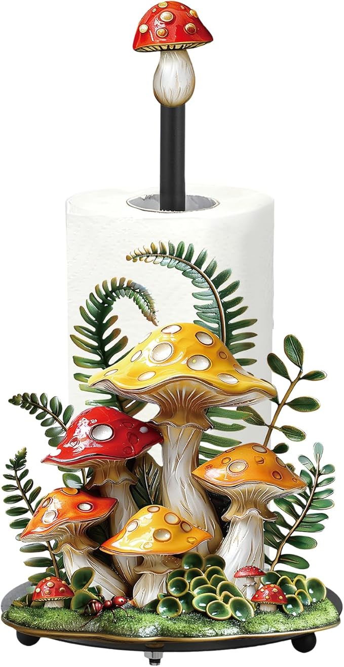 Thyle Mushroom Paper Towel Holder with Round Base Mushroom Bathroom Decor Gifts Rustic Dispenser Kitchen Paper Holder Stand for Christmas Housewarming Farmhouse Countertop Toilet Home Accessories