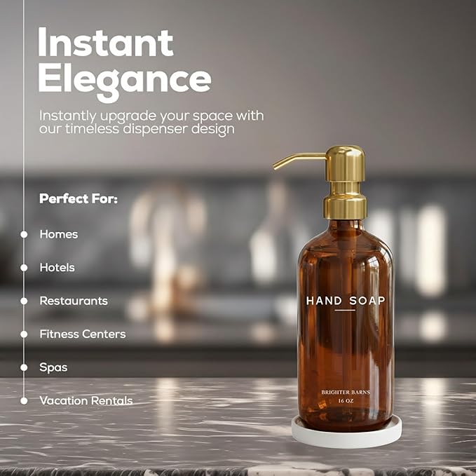 Luxury Glass Hand Soap Dispenser Bathroom Set by Brighter Barns - Refillable Liquid Hand Soap Dispenser Set for Kitchen - Gold Bathroom Decor and Accessories for Airbnb, Spa, Hotel, Gifts (Amber/Gold) - Image 2