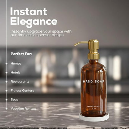 Luxury Glass Hand Soap Dispenser Bathroom Set by Brighter Barns - Refillable Liquid Hand Soap Dispenser Set for Kitchen - Gold Bathroom Decor and Accessories for Airbnb, Spa, Hotel, Gifts (Amber/Gold) - Image 2