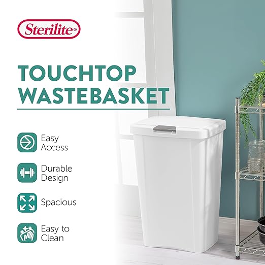 Sterilite 13 Gallon TouchTop Wastebasket Trash Can Garbage Recycle Bin with Titanium Latch for Kitchen, Garage, Basement, or Office, White (4 Pack)