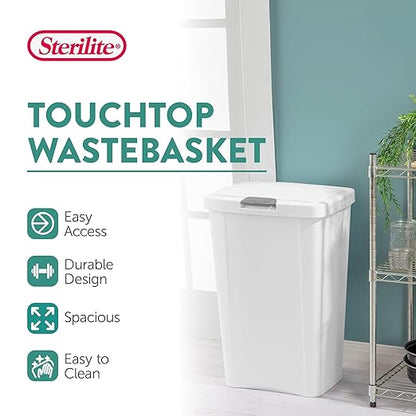 Sterilite 13 Gallon TouchTop Wastebasket Trash Can Garbage Recycle Bin with Titanium Latch for Kitchen, Garage, Basement, or Office, White (4 Pack)