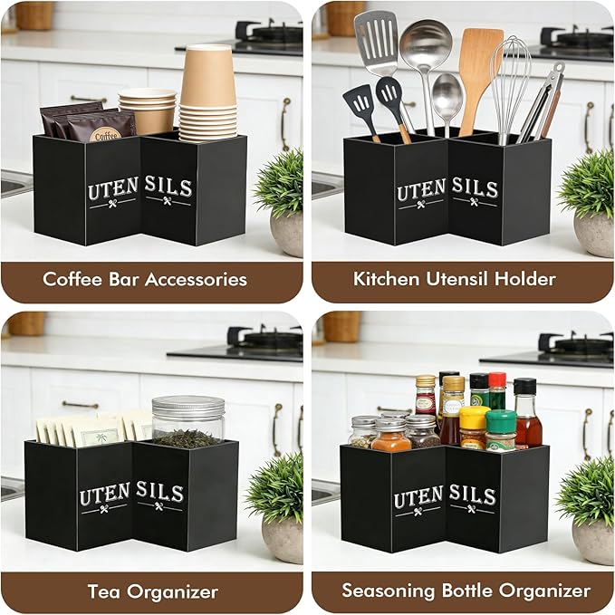 Large kitchen Utensil Holder, Wooden Utensil Organizer for Kitchen Countertop, Spatula and Spoon Cooking Holder with 3 Compartments, Black - Image 6