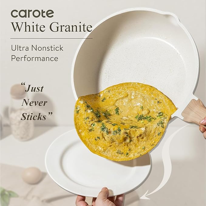 CAROTE 12 Inch Non Stick Frying Pan with Lid,White Granite Nonstick Skillet Omelet Pans, Egg Pan Granite Cookware, PFOS & PFOA Free - Image 3