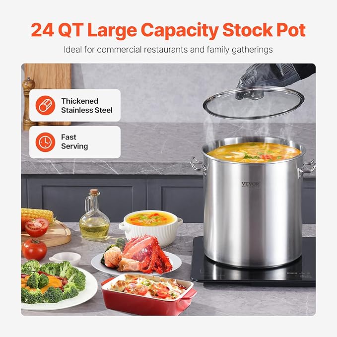 VEVOR Stainless Steel Stockpot, 24 Quart Cooking Pots, Cookware Sauce Pot with Lid, and Handle, Heavy Duty Commercial Grade Stock Pot, Sanding Treatment, for Steaming Boiling or Frying Silver - Image 2