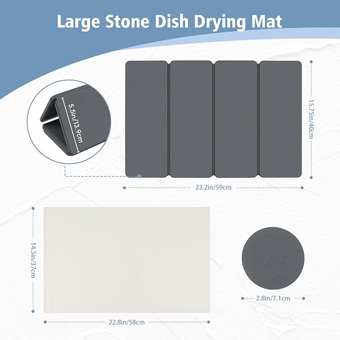 Large Stone Drying Mats for Kitchen Counter, Quick Dry Stone Dish Drying Mat 24"(L)×16"(W), Foldable Absorbent Diatomaceous Pad for Dish Rack, Plates, Cups, Pans