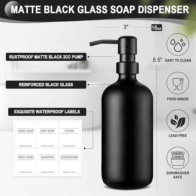 Dish Soap Dispenser for Kitchen, Black Hand Soap Dispenser with Stainless Steel Pump, Kitchen Soap Dispenser Set with Wood Riser Tray, Matte Black Bathroom Soap Dispenser Set Bathroom Decor - Image 3