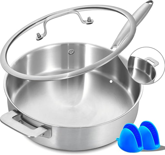 LOLYKITCH Sauté Pan, 7 QT Tri-Ply Stainless Steel Deep Cooking Pot, 12 Inch Everyday Pan with Lid, Large Induction Frying Skillet Compatible with All Cooktops, Two Ergonomic Handles for Conversion