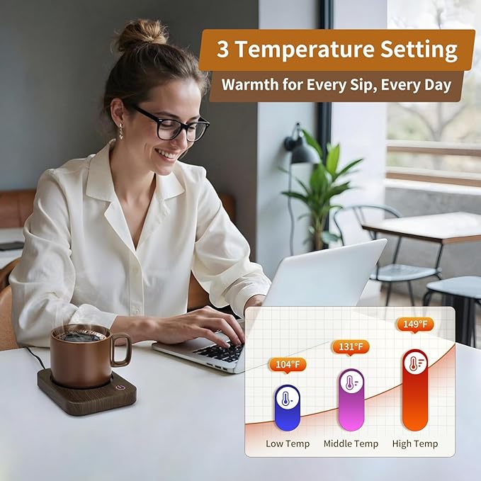VOBAGA Coffee Mug Warmer for Desk with Auto Shut Off & 3-Temp Settings, Coffee Cup Warmer with Smart Safety Alert Home Office Accessory, Perfect for Coffee, Tea, Milk (Wood) - Image 3