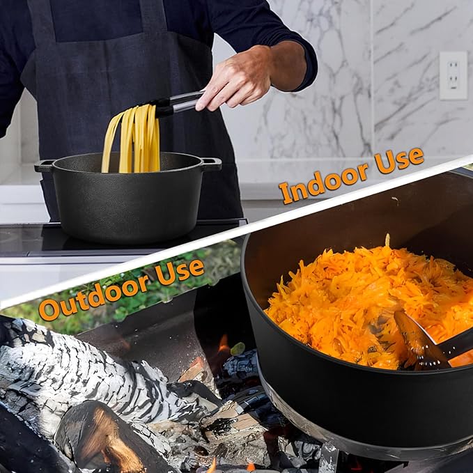 P&P CHEF 5Qt Dutch Oven Pot for Bread Baking (Black), 2 In 1 Round Cast Iron Dutch Oven with Lid Set, Skillet & Pot for Roasting Braising Stewing Frying Simmering, Multi Stoves & Oven Safe - Image 7