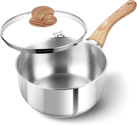 KOCH SYSTEME CS Stainless Steel Saucepan, 1 Quart Saucepan with Lid & Heat-resistant Bakelite Handle, Tri-ply Bottom Steel Sauce Pan with Lid, Induction Ready, Stainless Steel Pot 1QT by KOCHSYSTEMECS