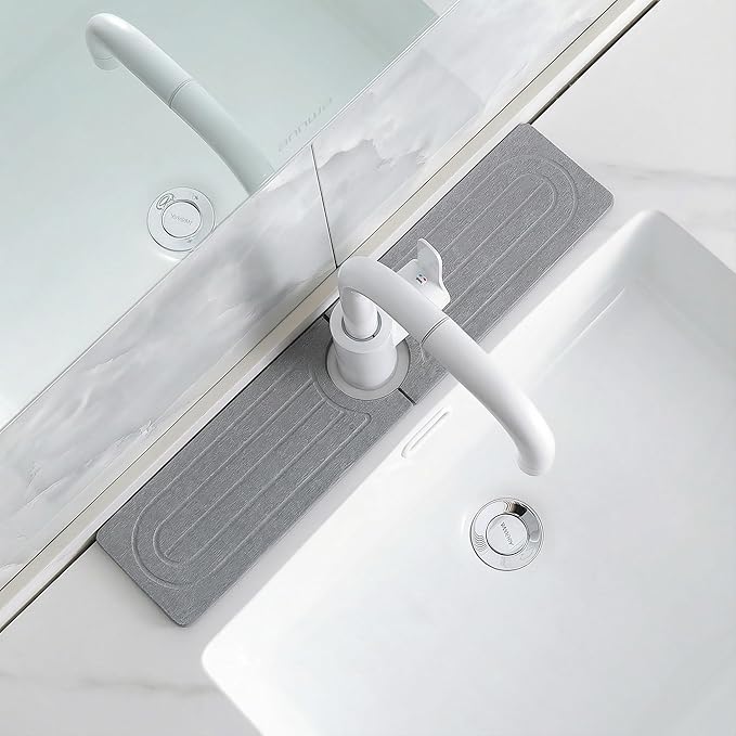 Faucet Mat for Kitchen Sink -Diatomite Stone Drying Mat for Kitchen Counter & Bathroom Sink,Quick-Dry Kitchen Sink Mat-Sink Protector & Splash Guard,Super Absorbent (Gray, 15.8"x4") by SUXLINA