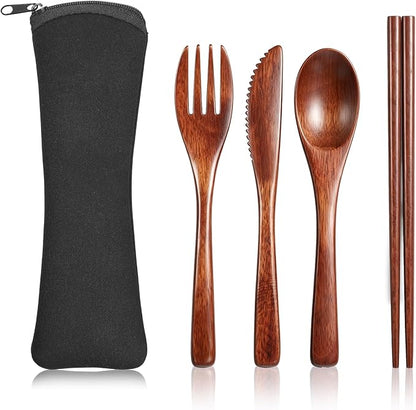 4 PCS Portable Wooden Travel Utensils, Reusable Wooden Cutlery Set with Case, Spoon Fork Knife Chopsticks for Eating, Sturdy Wood Flatware Set Eating Utensils Sets for Work, Travel, And Camping