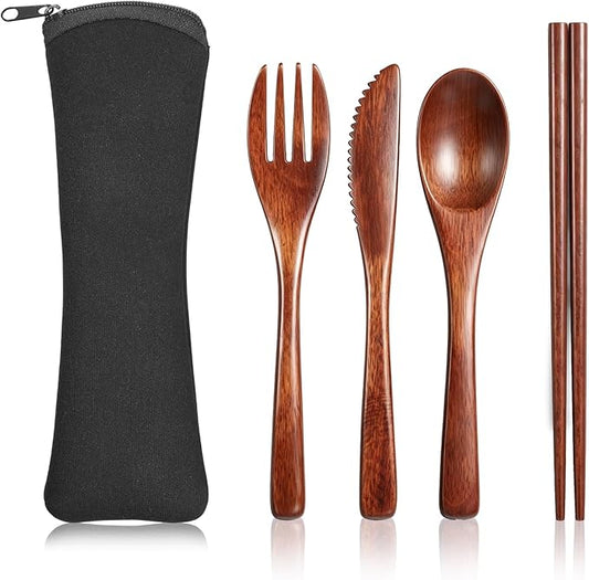 4 PCS Portable Wooden Travel Utensils, Reusable Wooden Cutlery Set with Case, Spoon Fork Knife Chopsticks for Eating, Sturdy Wood Flatware Set Eating Utensils Sets for Work, Travel, And Camping