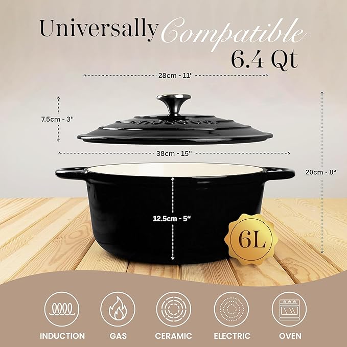 Nuovva Enamelled Cast Iron Dutch Oven Pot with Lid – 6.4 Quart Non Stick Casserole Pot – Heavy Duty & Oven Safe up to 500° F for Bread Baking, Braising, Stews, Roasting – 28cm Black - Image 2