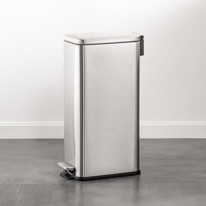 mDesign Slim Metal Rectangle 7.9 Gallon Trash Can with Step Pedal, Easy-Close Lid, Removable Liner - Narrow Wastebasket Garbage Container Bin for Bathroom, Bedroom, Kitchen, Office - Brushed Chrome