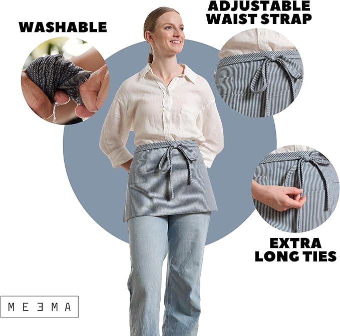 MEEMA Chef Waist Apron Cotton Fabric |Washable & Breathable Waitress & Server Half Aprons for Women with Pockets & Long Waist Straps | Cooking, Baking, Grilling & Crafting