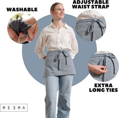 MEEMA Chef Waist Apron Cotton Fabric |Washable & Breathable Waitress & Server Half Aprons for Women with Pockets & Long Waist Straps | Cooking, Baking, Grilling & Crafting