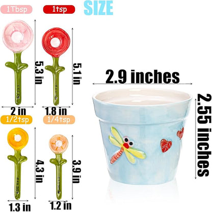 Coloch 5Pcs Ceramic Measuring Spoons and Cup, Flower Baking Scale Spoons with Base Set for Dry and Liquid Ingredient, 1/4 tsp, 1/2 tsp, 1 tsp, 1 Tbsp - Image 2