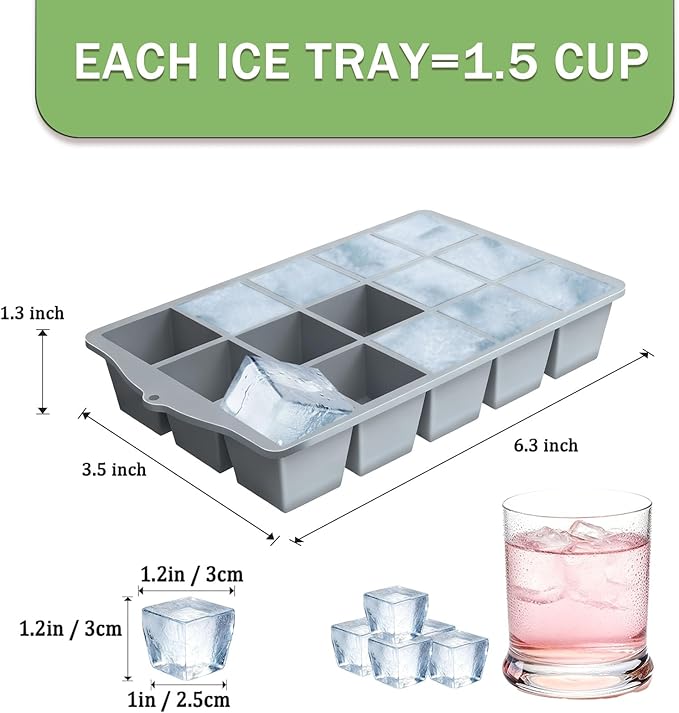 Ice Cube Trays for Freezer, 2 Pack Easy Release Slicone Ice Cube Tray with Lid, BPA Free Stackable Flexible Ice Molds 15 Square Reusable Ice Cubes for Whiskey, Baby Food, Iced Coffee (Grey) - Image 2