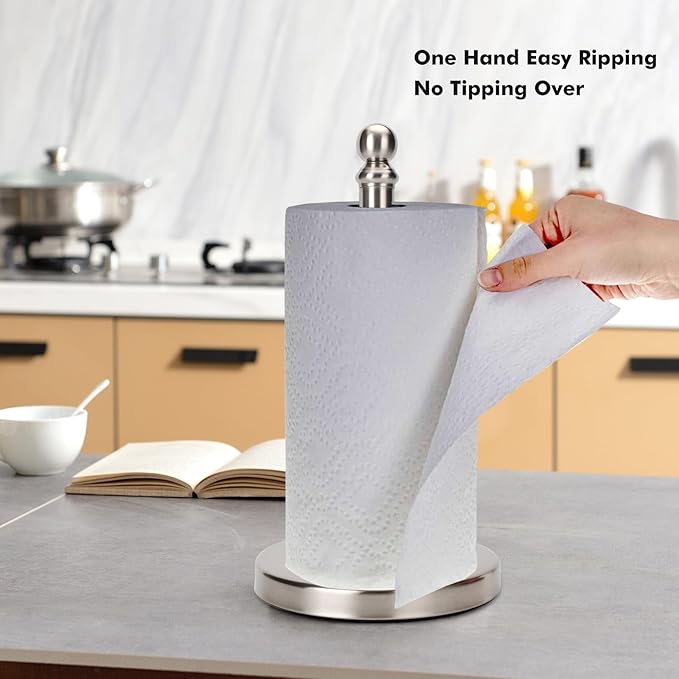 Paper Towel Holder Countertop, Standing Paper Towel Roll Holder for Kitchen Bathroom, with Weighted Base for One-Handed Operation (Brushed Nickel) - Image 3
