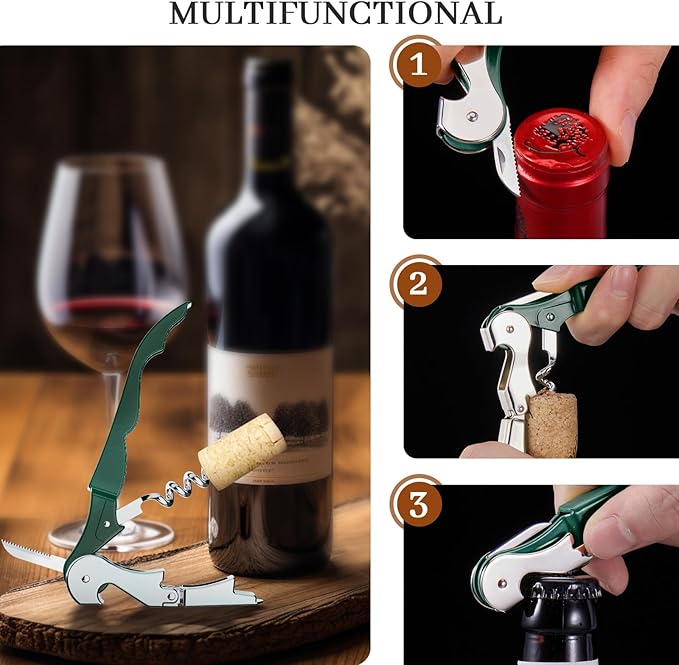 HYZ 2-Pack Wine Opener Waiter Corkscrew, Professional Wine Key for Servers, Bartender with Foil Cutter, Manual Wine Bottle Opener Double Hinged (Dark Green) - Image 3