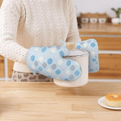 Oven Mitts and Pot Holders Summer Seashell Blue Pastel Silicone Kitchen Accessories Set of 4 Heat Resistant Long Gloves Potholder Non-Slip Grip for Chef Baking Cooking Grilling BBQ