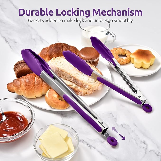 600ºF Heat Resistant Kitchen Tongs: U-Taste 9+12 inch Silicone Cooking Tong Set with Firm Sealed Non Stick Rubber Tips and Silicon Coated 18/8 Stainless Steel Handle for Serving Grilling Salad(Purple) - Image 7