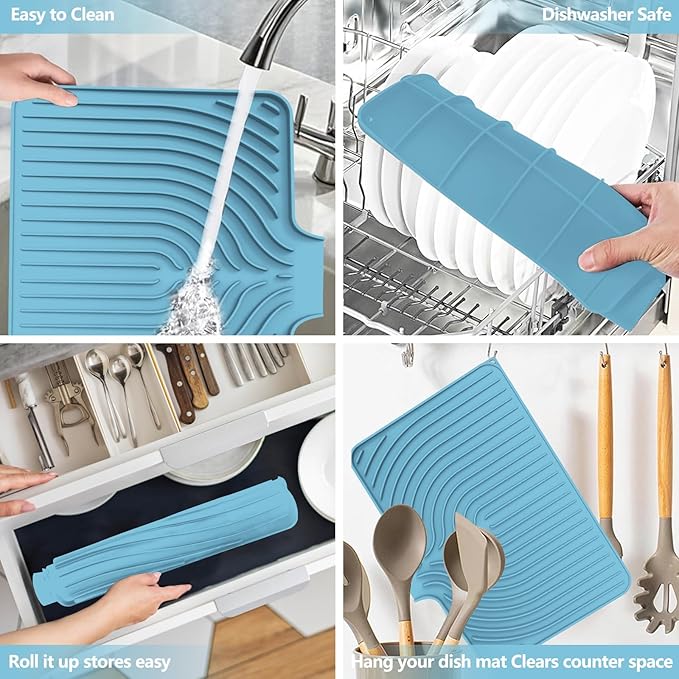 Dish Drying Mat for Kitchen Counter, with Built-in Drain Lip, Food-Grade Silicone, Easy Clean Pad for Countertop Protection, Multi-Functional Use (18x11.8, Light Blue) - Image 5