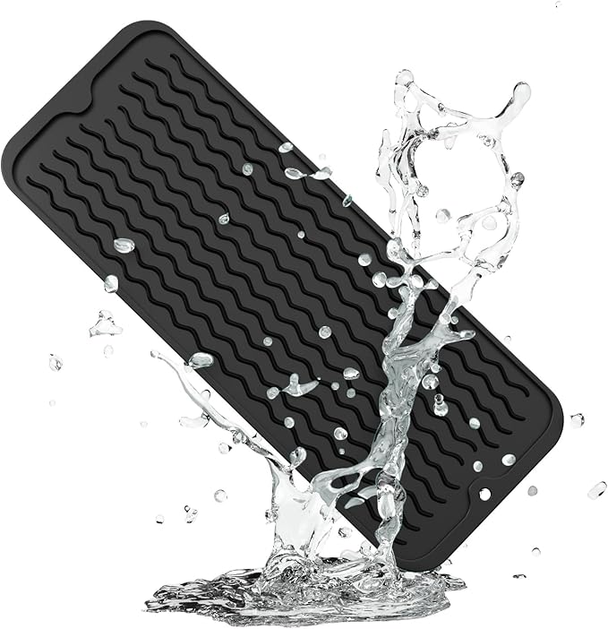 ZLR Silicone Sponge Holder & Sink Caddy Tray (6" x 17") - Narrow Dish Drying Mat for Kitchen Counter - Waterproof Soap Dispenser Organizer, Non-Slip Bathroom Vanity Tray (Black) by ZLR