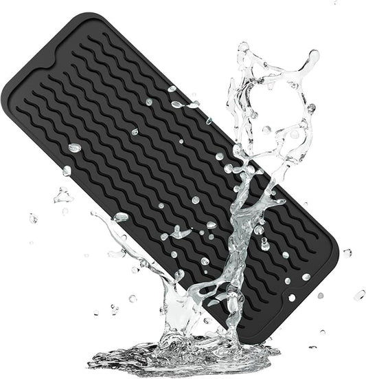 ZLR Silicone Sponge Holder & Sink Caddy Tray (6" x 17") - Narrow Dish Drying Mat for Kitchen Counter - Waterproof Soap Dispenser Organizer, Non-Slip Bathroom Vanity Tray (Black) by ZLR
