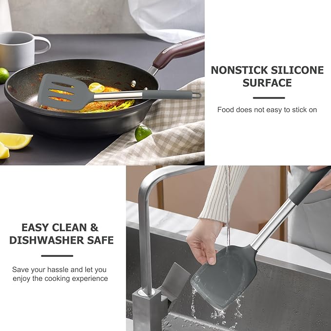 TeamFar Kitchen Utensils, 4PCS Heat-proof Silicone Cooking Utensils Set Slotted Spatula Solid Turner Spoon with Stainless Steel Handle, for Non-stick Cookware Flipping, Frying, Draining – Gray - Image 6