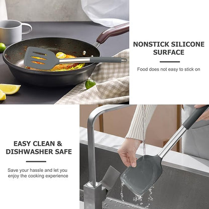 TeamFar Kitchen Utensils, 4PCS Heat-proof Silicone Cooking Utensils Set Slotted Spatula Solid Turner Spoon with Stainless Steel Handle, for Non-stick Cookware Flipping, Frying, Draining – Gray - Image 6